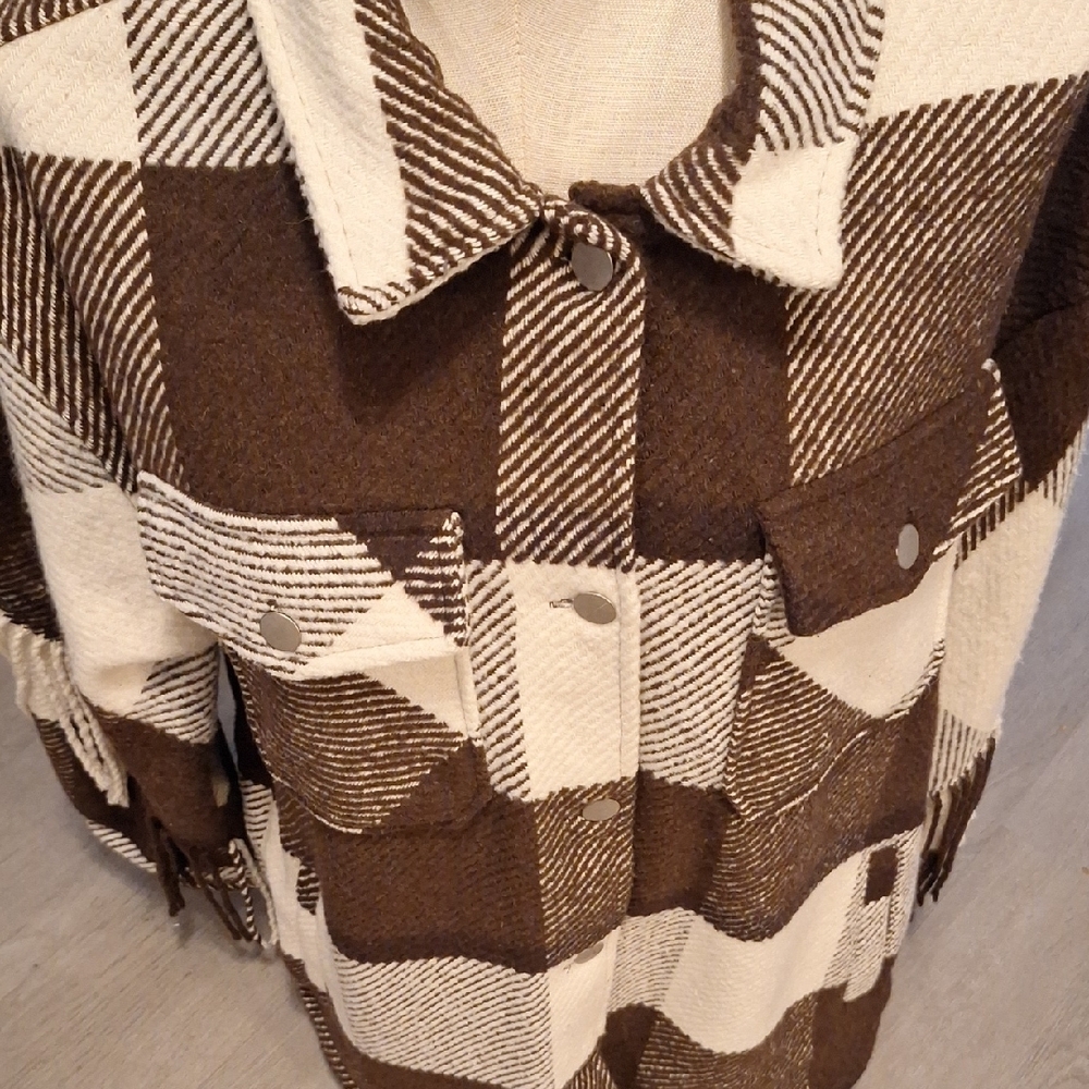 STOOSH Brown and White Plaid Fringe Barn Jacket - Picture 2 of 10